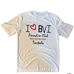 I Love BVI Paradise Club Cane Garden Bay Tortola White T Shirt NWOT Size S